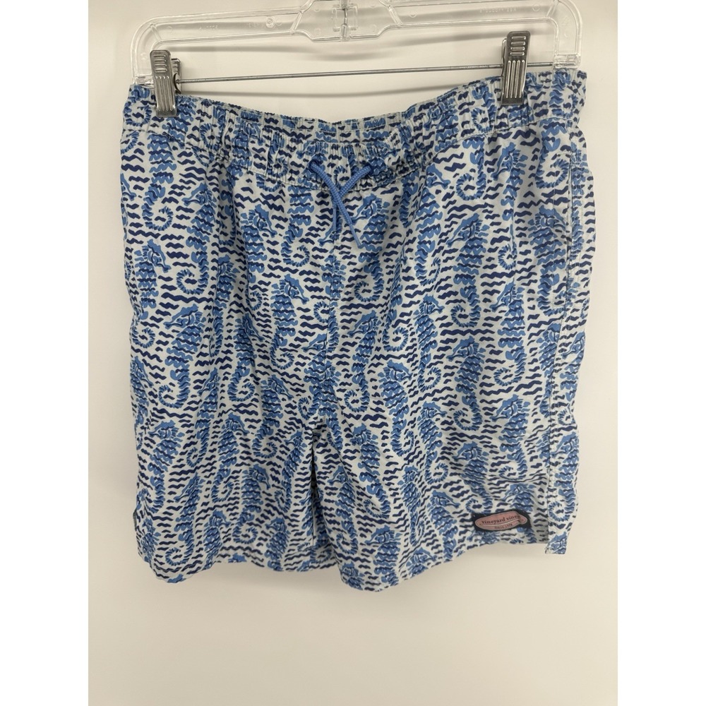 Vineyard Vines Boys XL 18 Swim Trunks Blue White Seahorse Print Board Shorts